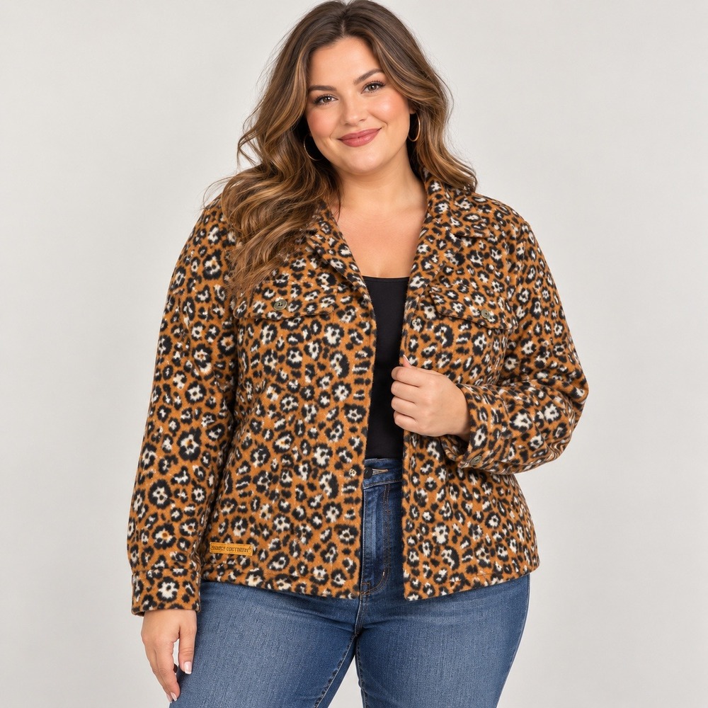 Simply Southern Women 2X Leopard Animal Print Fleece Shacket Button Shirt Jacket
